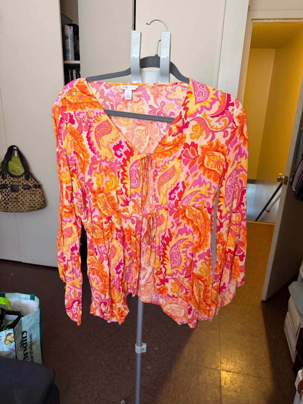 Carole Pink and Orange Paisley Tie-Front Blouse